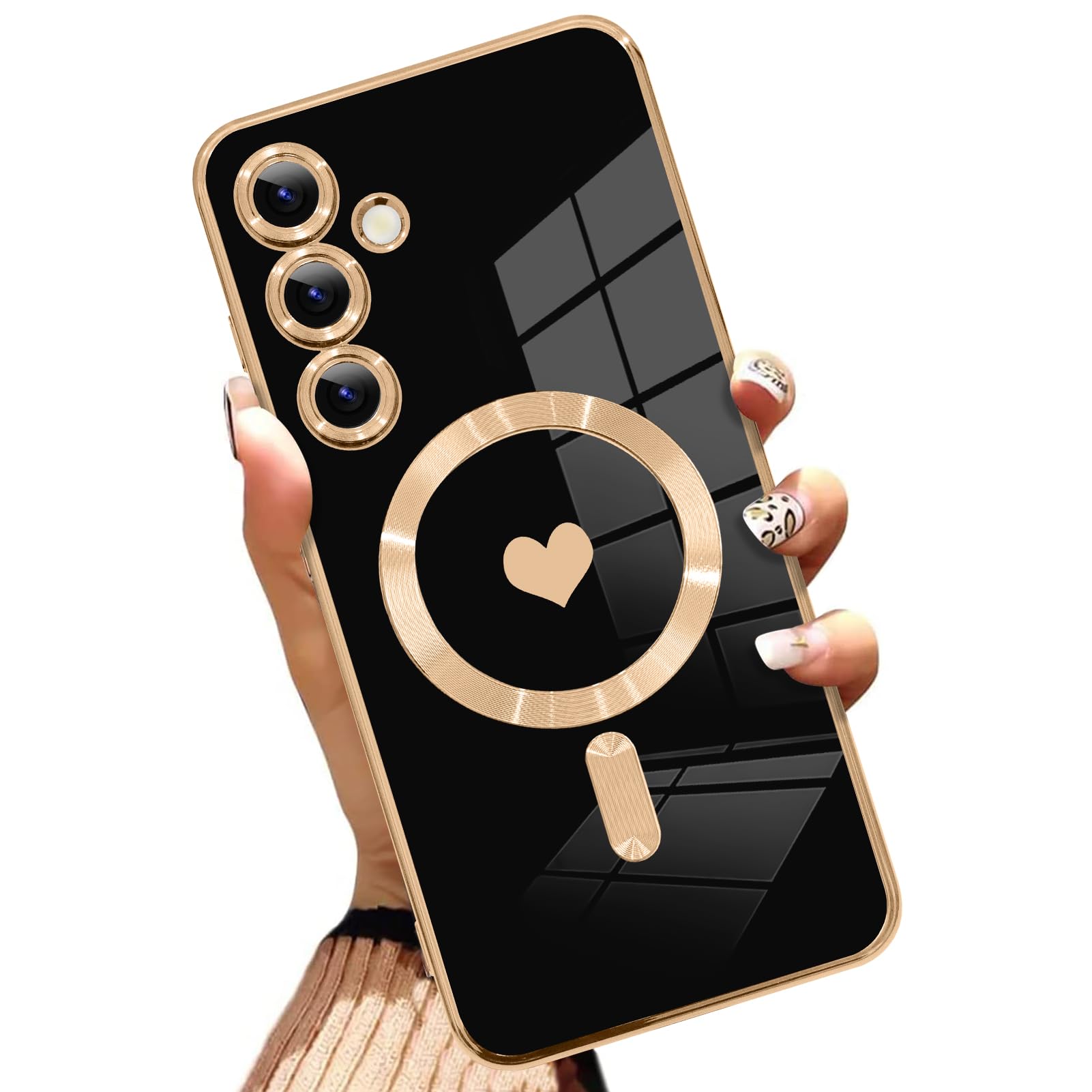 AIGOMARA Funda magnética para Samsung Galaxy S24 Ultra [compatible con carga inalámbrica] Diseño de corazón TPU suave cubierta de teléfono galvanizada antiarañazos a prueba de golpes para mujeres,