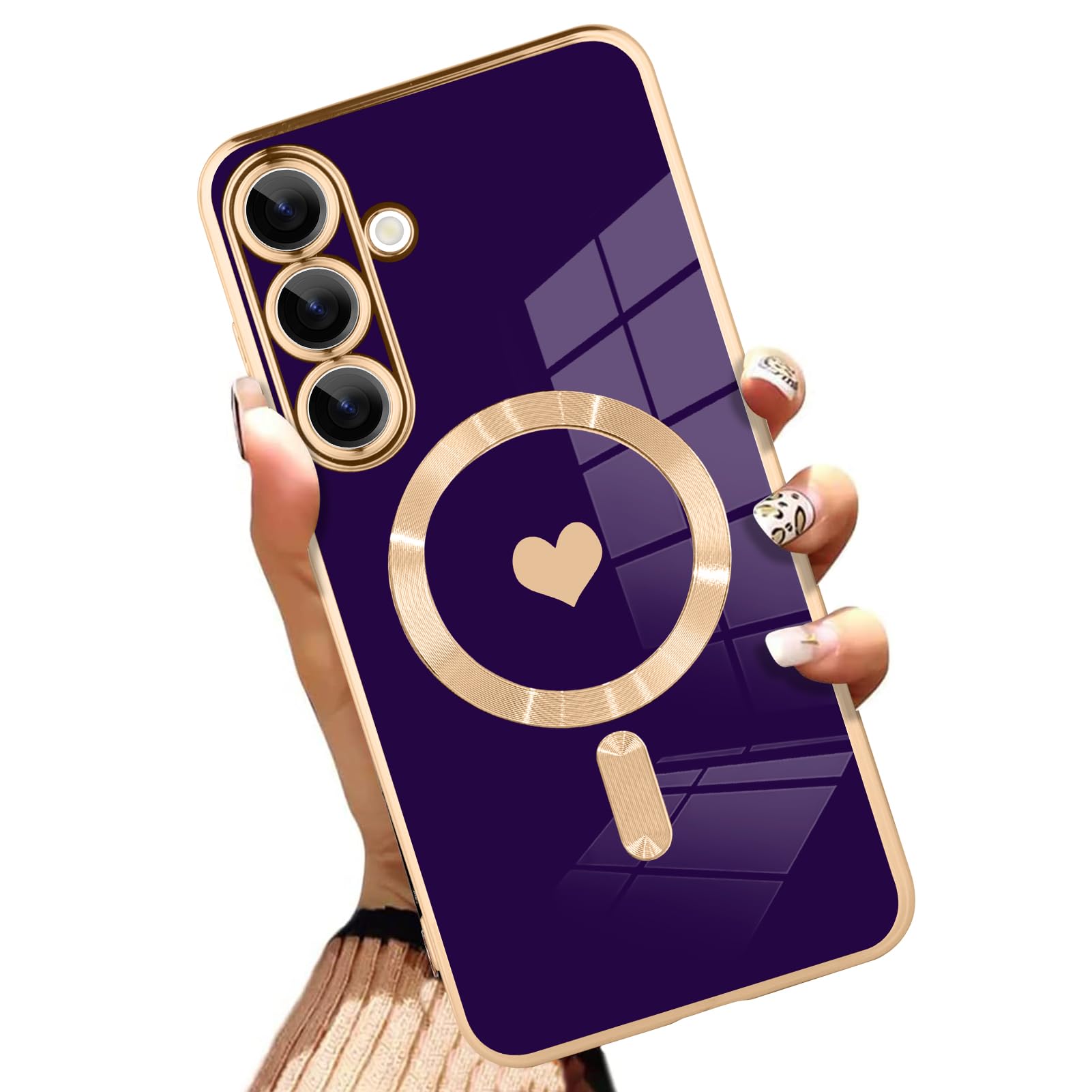 AIGOMARA Funda magnética para Samsung Galaxy S24 Ultra [compatible con carga inalámbrica] Diseño de corazón TPU suave cubierta de teléfono galvanizada antiarañazos a prueba de golpes para mujeres,