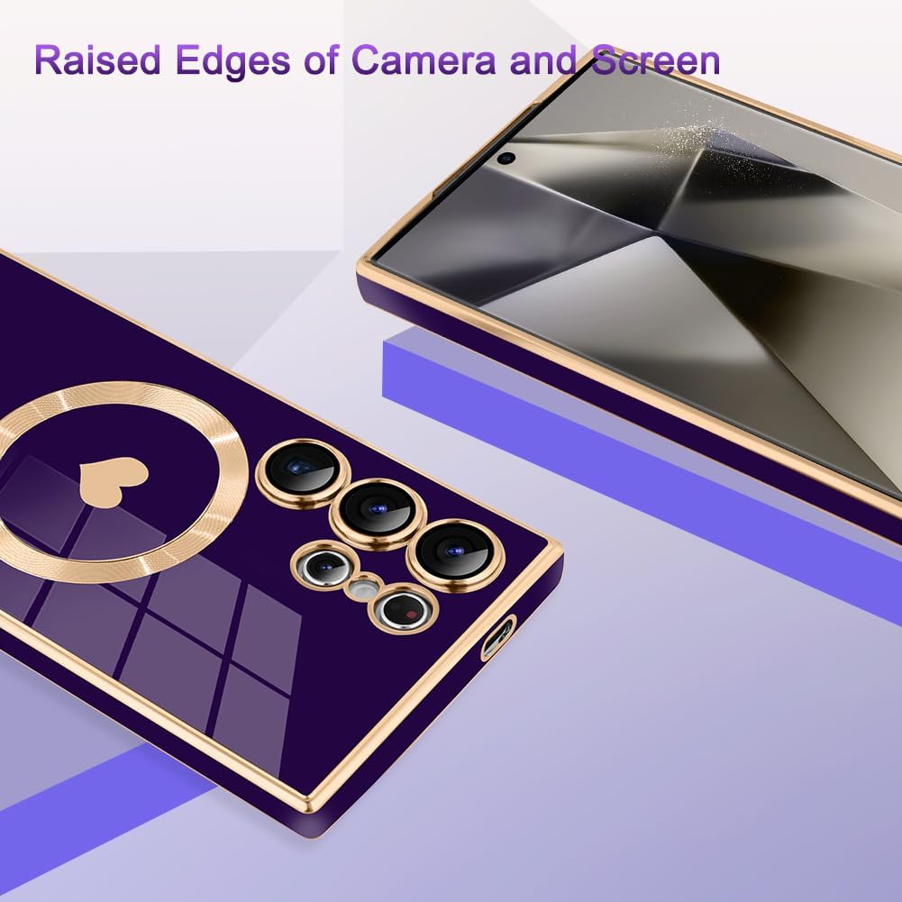 AIGOMARA Funda magnética para Samsung Galaxy S24 Ultra [compatible con carga inalámbrica] Diseño de corazón TPU suave cubierta de teléfono galvanizada antiarañazos a prueba de golpes para mujeres,