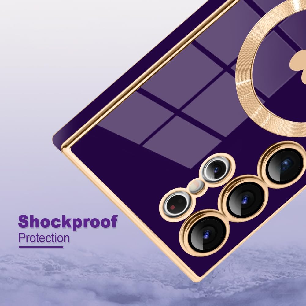 AIGOMARA Funda magnética para Samsung Galaxy S24 Ultra [compatible con carga inalámbrica] Diseño de corazón TPU suave cubierta de teléfono galvanizada antiarañazos a prueba de golpes para mujeres,