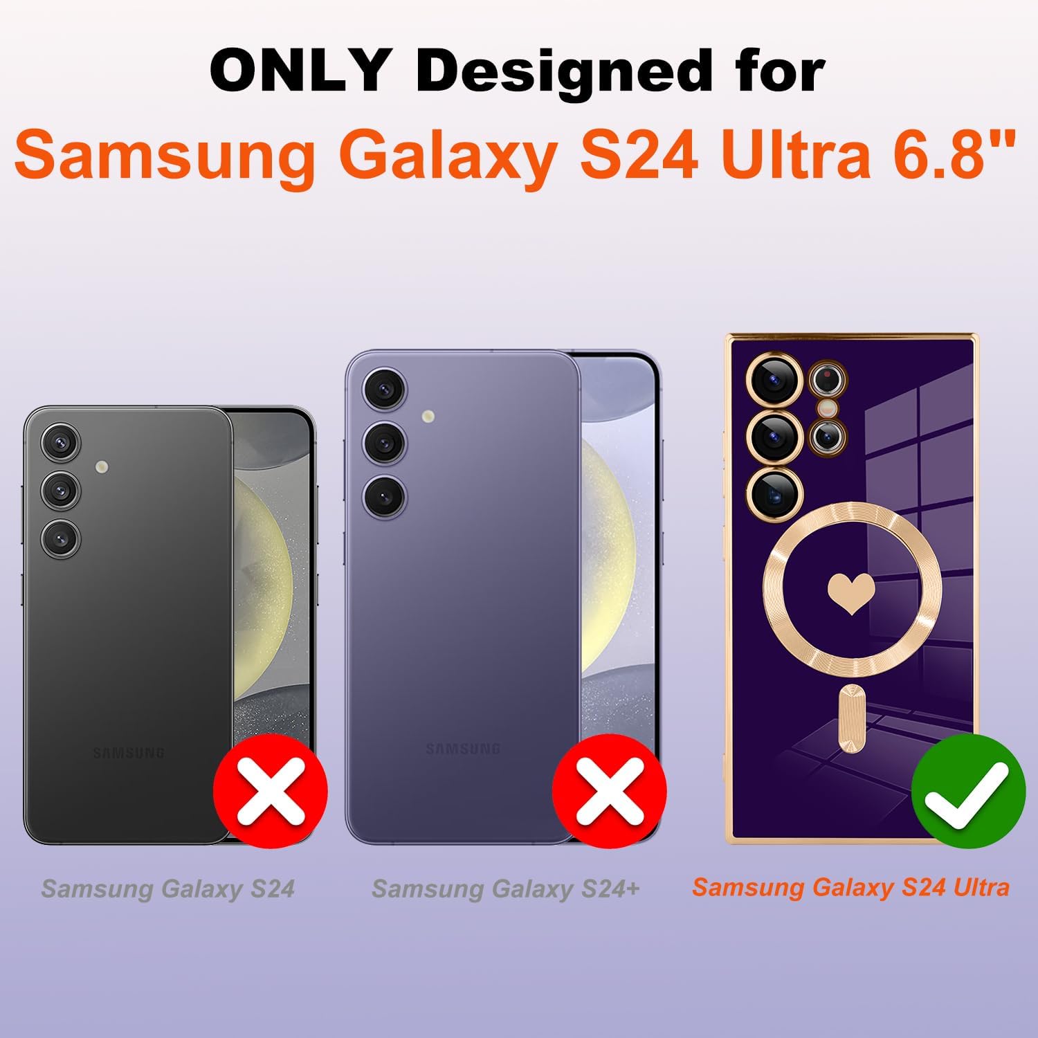 AIGOMARA Funda magnética para Samsung Galaxy S24 Ultra [compatible con carga inalámbrica] Diseño de corazón TPU suave cubierta de teléfono galvanizada antiarañazos a prueba de golpes para mujeres,