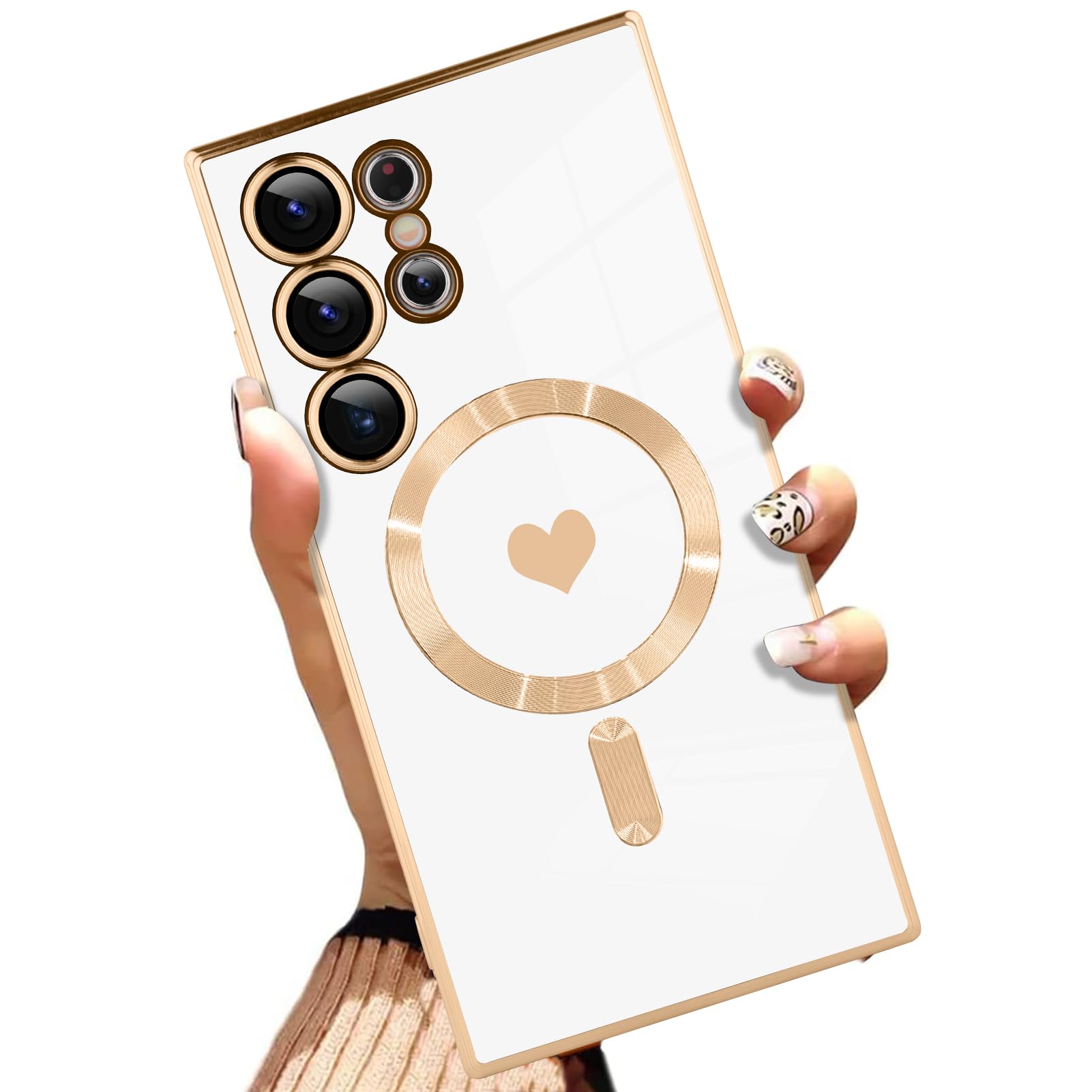 AIGOMARA Funda magnética para Samsung Galaxy S24 Ultra [compatible con carga inalámbrica] Diseño de corazón TPU suave cubierta de teléfono galvanizada antiarañazos a prueba de golpes para mujeres,