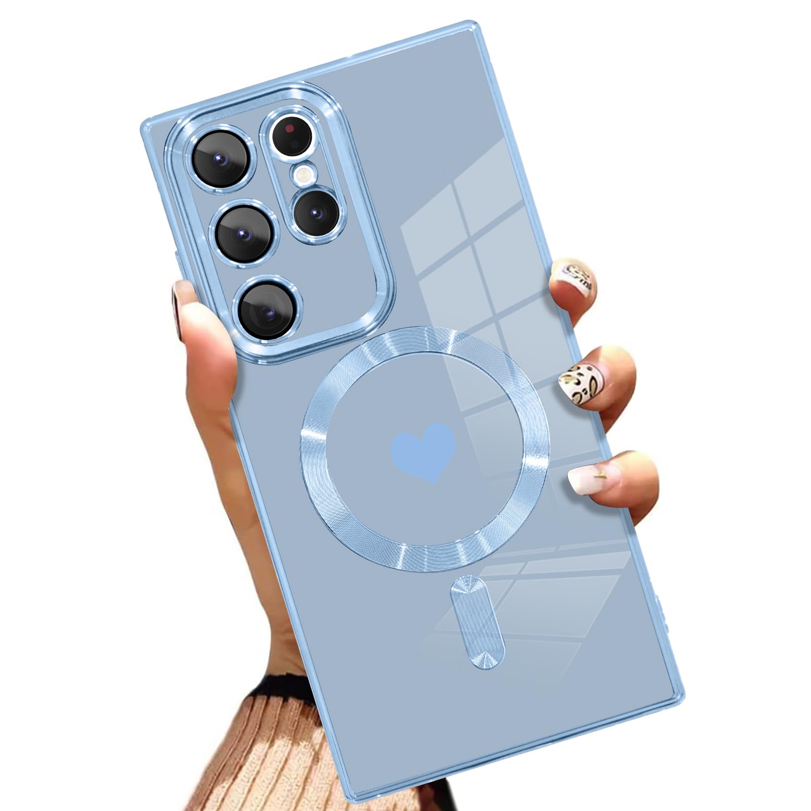 AIGOMARA Funda magnética para Samsung Galaxy S24 Ultra [compatible con carga inalámbrica] Diseño de corazón TPU suave cubierta de teléfono galvanizada antiarañazos a prueba de golpes para mujeres,