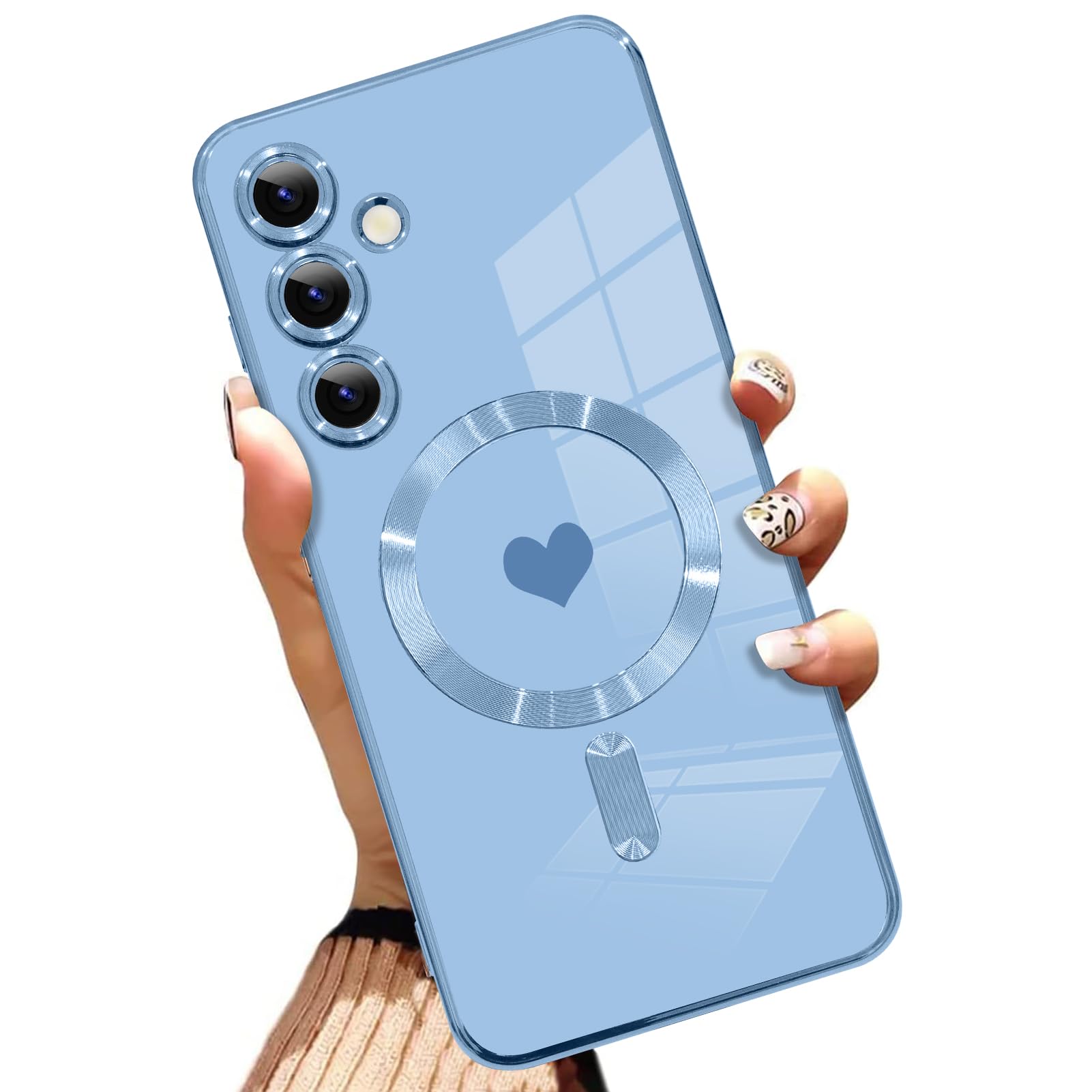 AIGOMARA Funda magnética para Samsung Galaxy S24 Ultra [compatible con carga inalámbrica] Diseño de corazón TPU suave cubierta de teléfono galvanizada antiarañazos a prueba de golpes para mujeres,