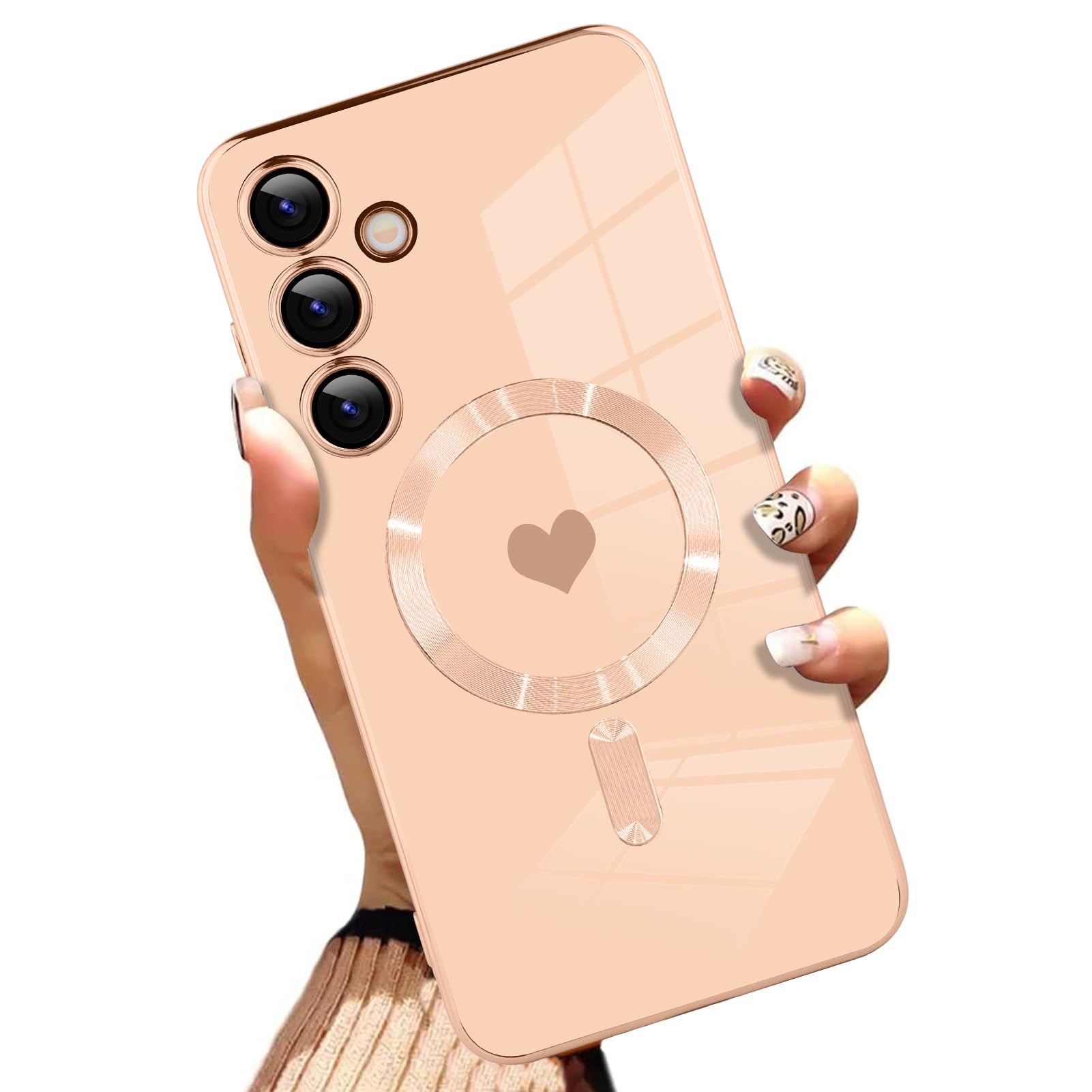 AIGOMARA Funda magnética para Samsung Galaxy S24 Ultra [compatible con carga inalámbrica] Diseño de corazón TPU suave cubierta de teléfono galvanizada antiarañazos a prueba de golpes para mujeres,