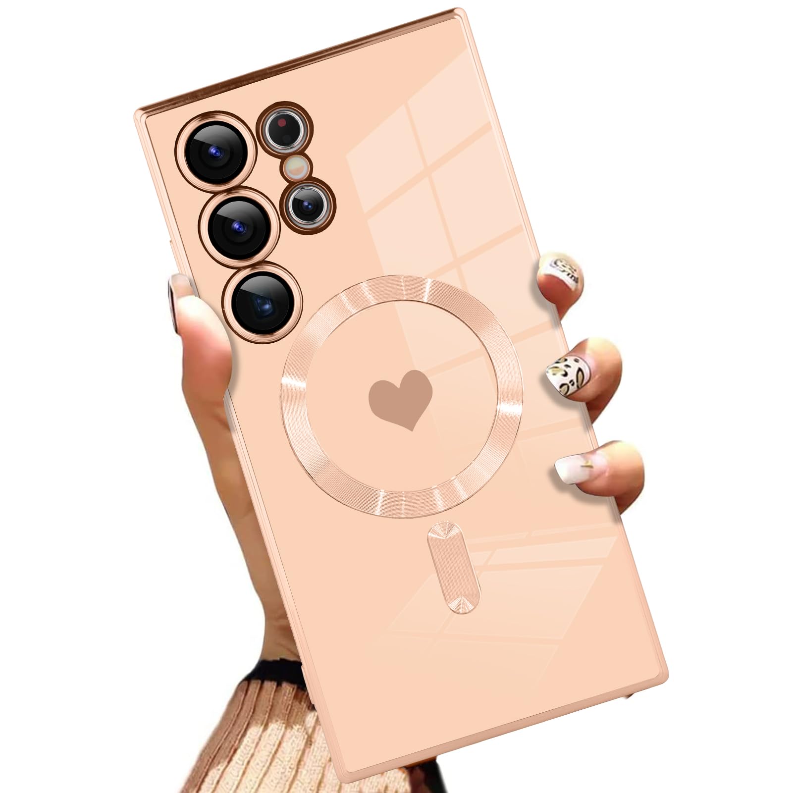 AIGOMARA Funda magnética para Samsung Galaxy S24 Ultra [compatible con carga inalámbrica] Diseño de corazón TPU suave cubierta de teléfono galvanizada antiarañazos a prueba de golpes para mujeres,