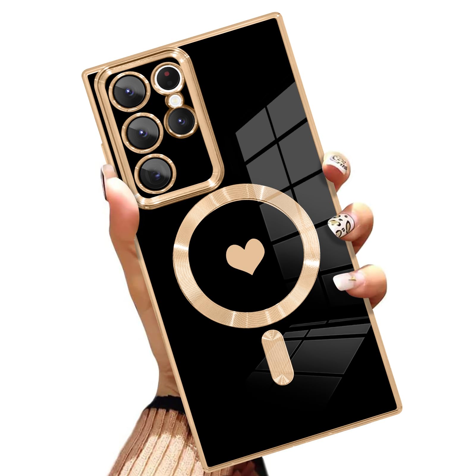 AIGOMARA Funda magnética para Samsung Galaxy S24 Ultra [compatible con carga inalámbrica] Diseño de corazón TPU suave cubierta de teléfono galvanizada antiarañazos a prueba de golpes para mujeres,