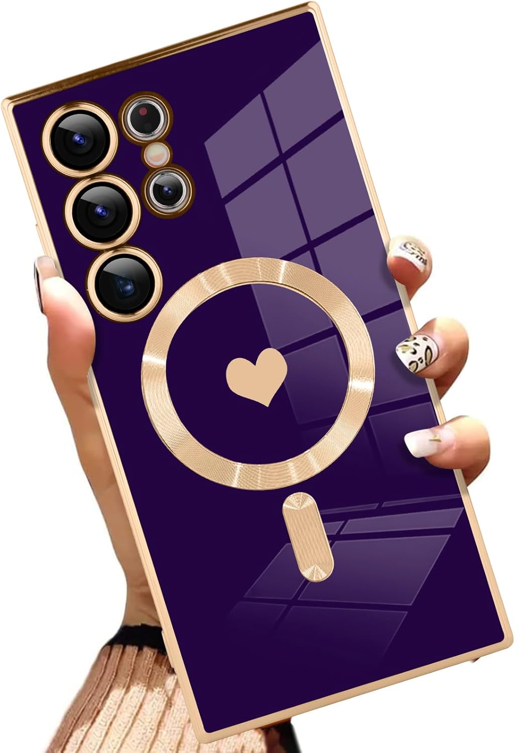 AIGOMARA Funda magnética para Samsung Galaxy S24 Ultra [compatible con carga inalámbrica] Diseño de corazón TPU suave cubierta de teléfono galvanizada antiarañazos a prueba de golpes para mujeres,