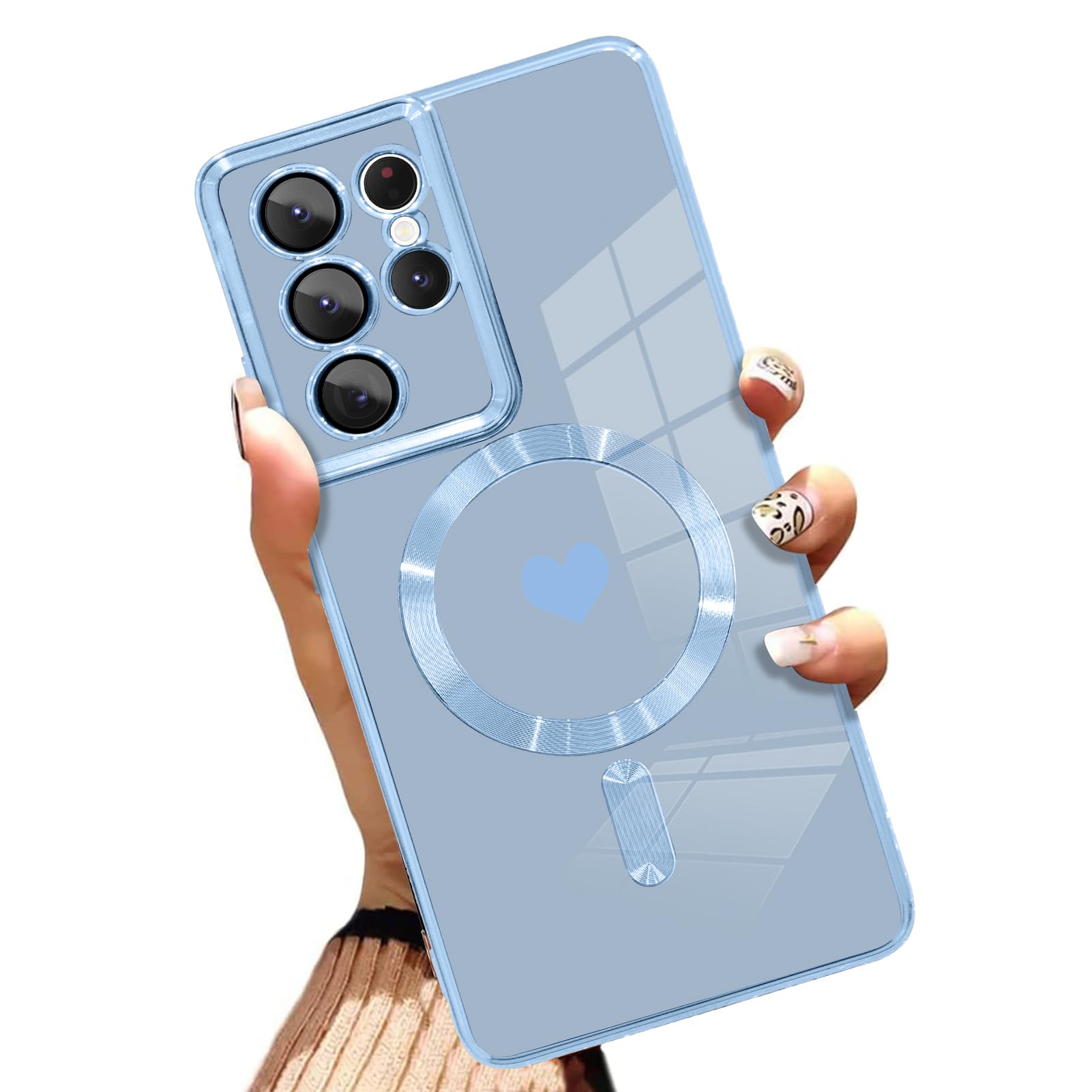 AIGOMARA Funda magnética para Samsung Galaxy S24 Ultra [compatible con carga inalámbrica] Diseño de corazón TPU suave cubierta de teléfono galvanizada antiarañazos a prueba de golpes para mujeres,