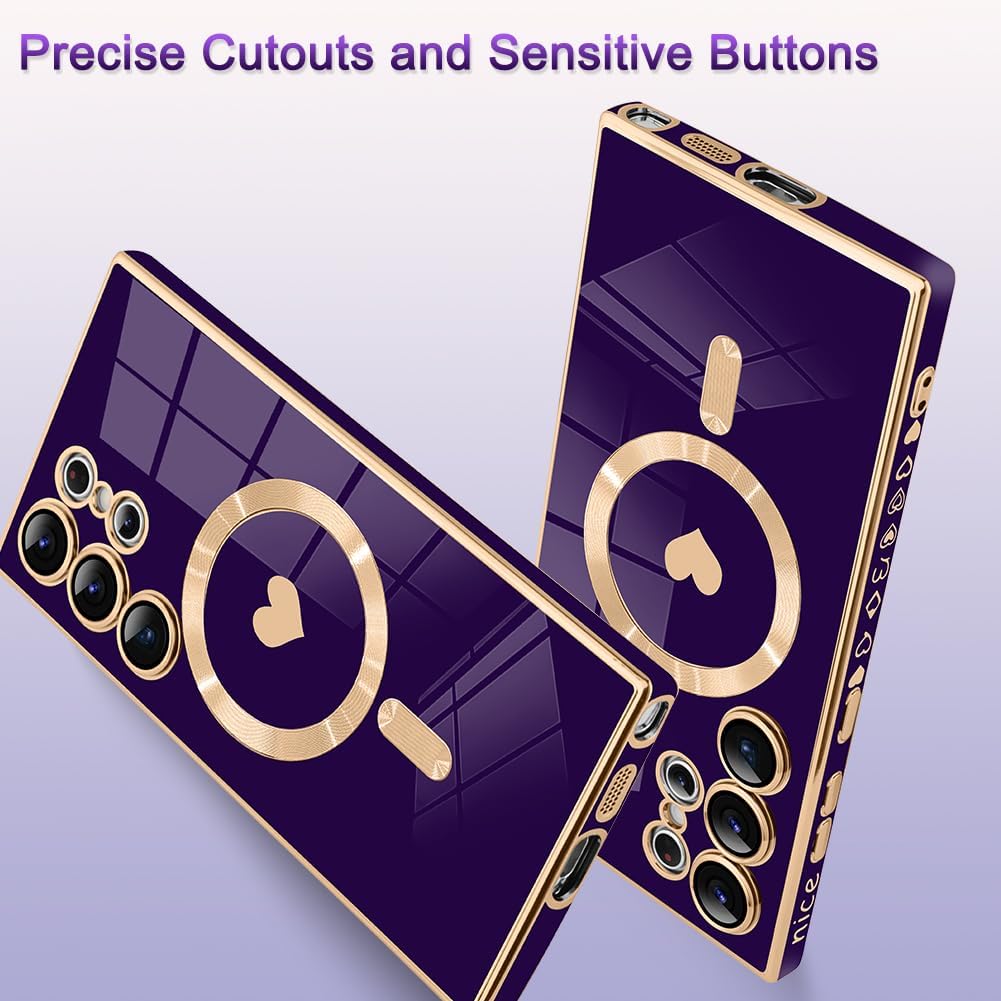 AIGOMARA Funda magnética para Samsung Galaxy S24 Ultra [compatible con carga inalámbrica] Diseño de corazón TPU suave cubierta de teléfono galvanizada antiarañazos a prueba de golpes para mujeres,