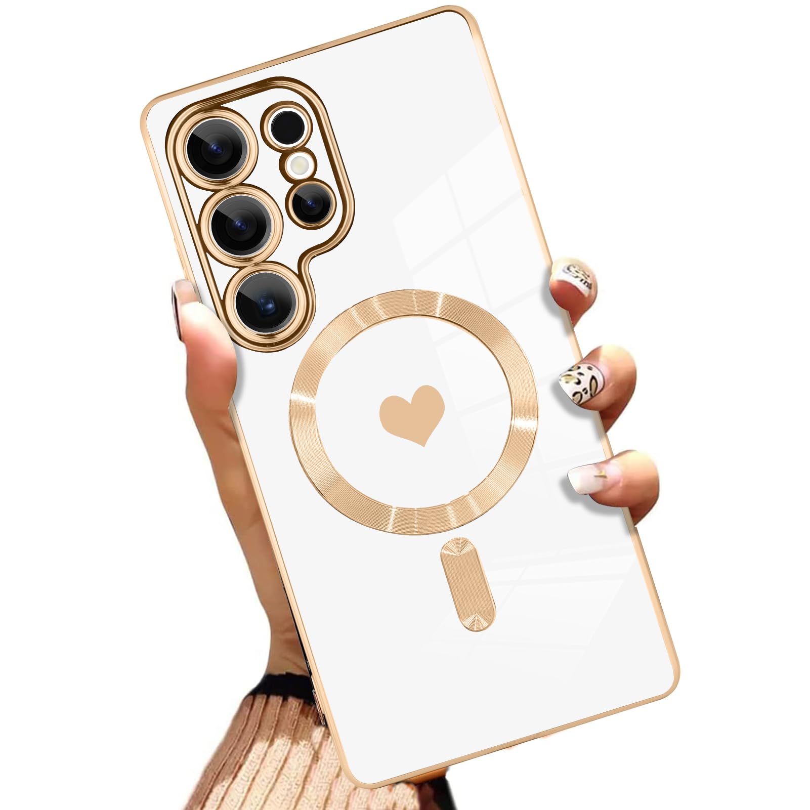 AIGOMARA Funda magnética para Samsung Galaxy S24 Ultra [compatible con carga inalámbrica] Diseño de corazón TPU suave cubierta de teléfono galvanizada antiarañazos a prueba de golpes para mujeres,