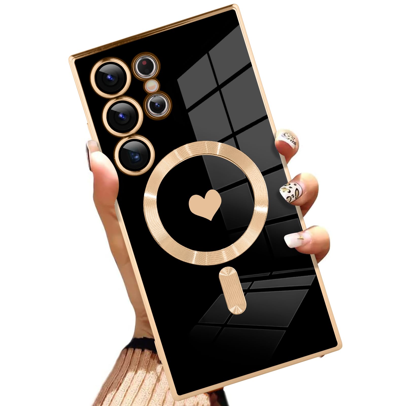 AIGOMARA Funda magnética para Samsung Galaxy S24 Ultra [compatible con carga inalámbrica] Diseño de corazón TPU suave cubierta de teléfono galvanizada antiarañazos a prueba de golpes para mujeres,