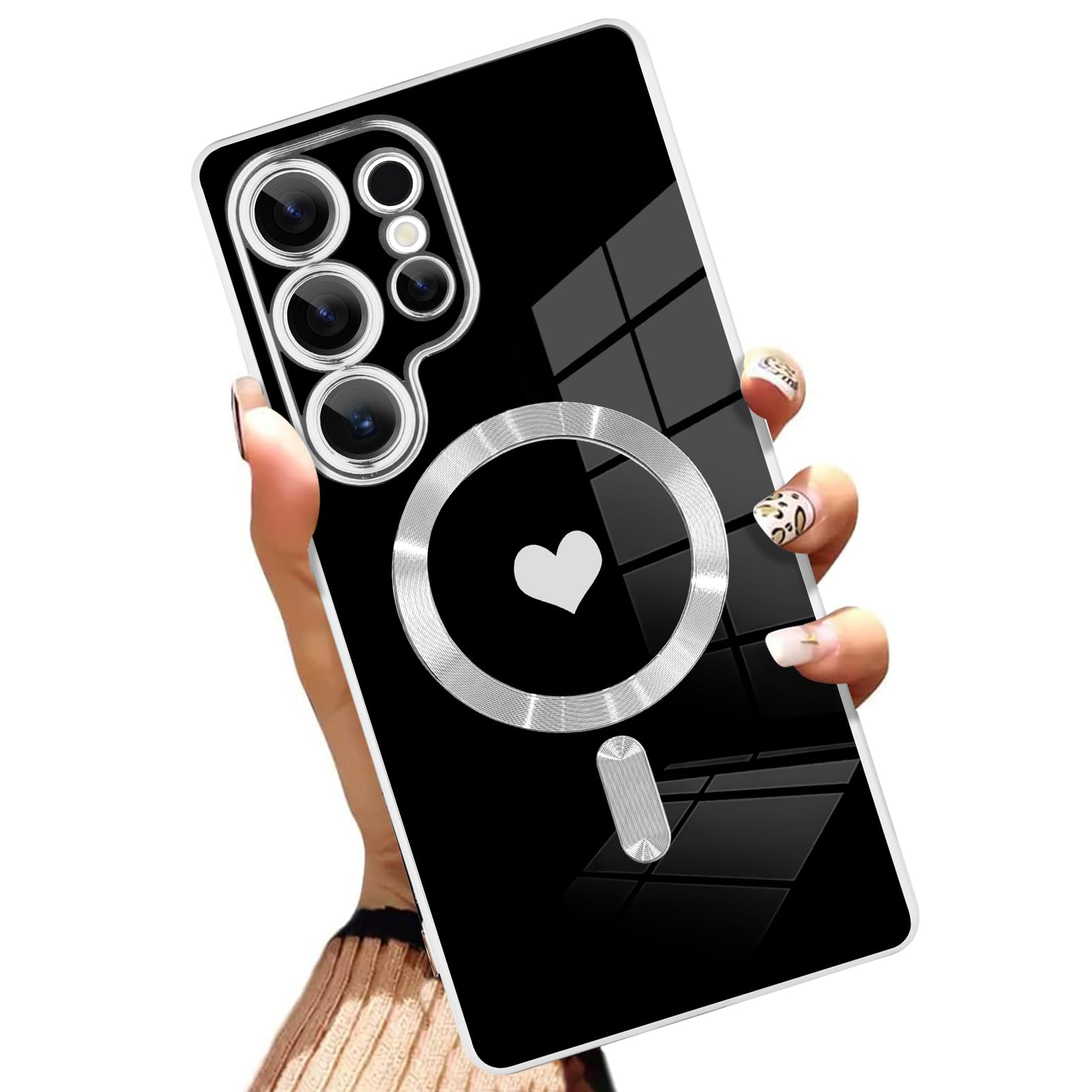 AIGOMARA Funda magnética para Samsung Galaxy S24 Ultra [compatible con carga inalámbrica] Diseño de corazón TPU suave cubierta de teléfono galvanizada antiarañazos a prueba de golpes para mujeres,