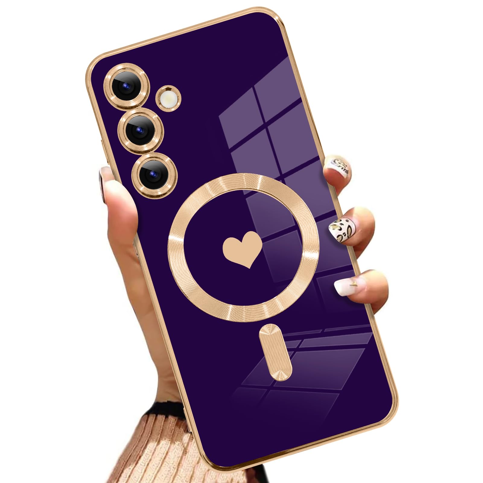 AIGOMARA Funda magnética para Samsung Galaxy S24 Ultra [compatible con carga inalámbrica] Diseño de corazón TPU suave cubierta de teléfono galvanizada antiarañazos a prueba de golpes para mujeres,