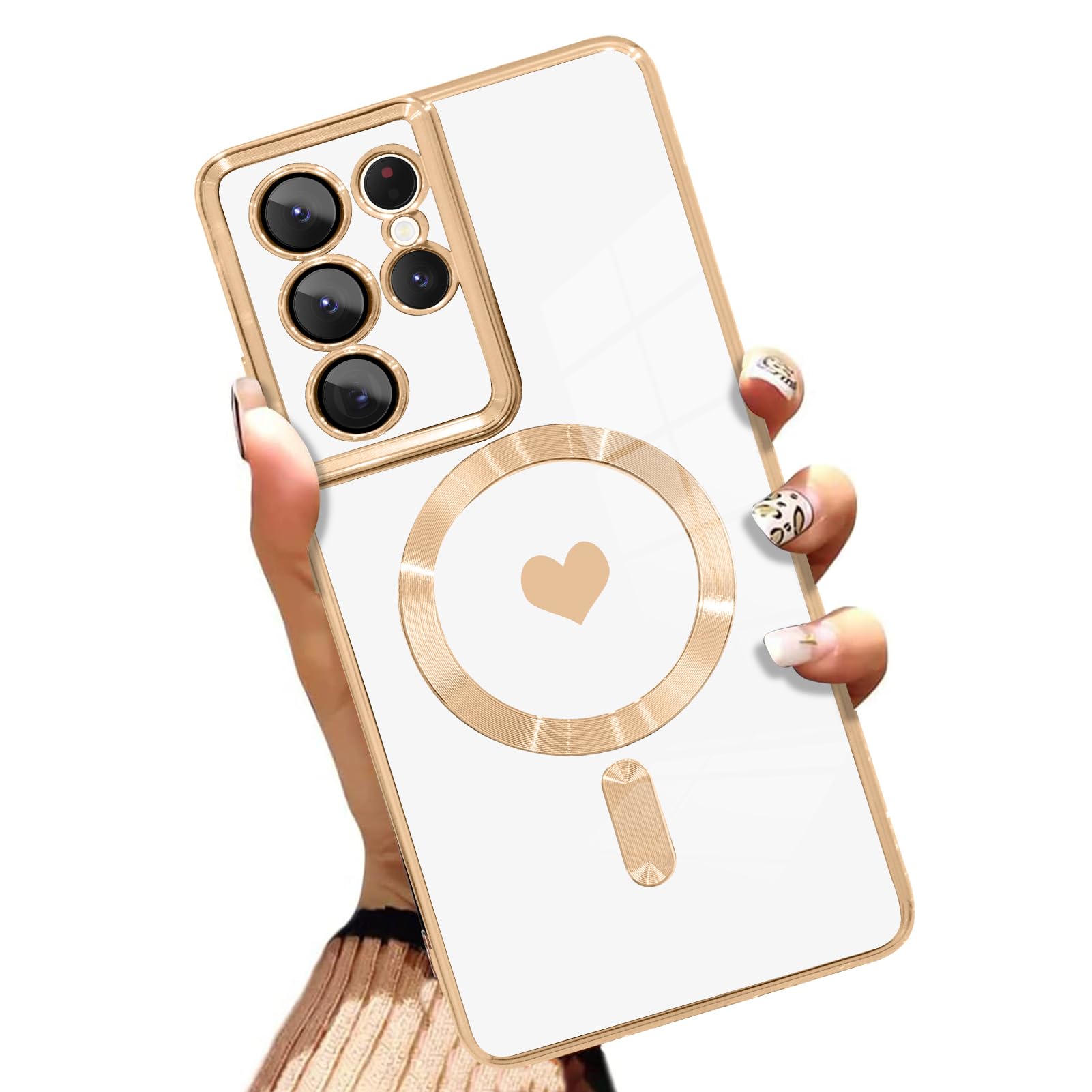 AIGOMARA Funda magnética para Samsung Galaxy S24 Ultra [compatible con carga inalámbrica] Diseño de corazón TPU suave cubierta de teléfono galvanizada antiarañazos a prueba de golpes para mujeres,