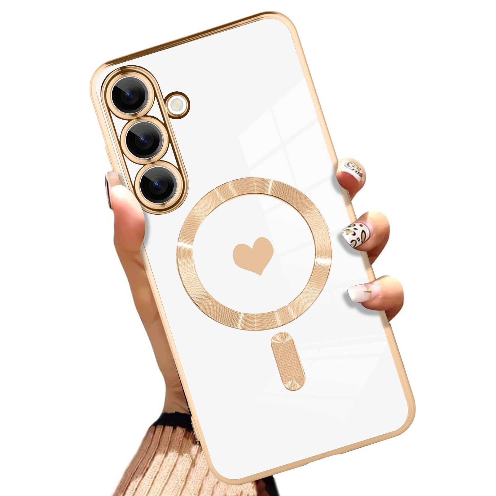 AIGOMARA Funda magnética para Samsung Galaxy S24 Ultra [compatible con carga inalámbrica] Diseño de corazón TPU suave cubierta de teléfono galvanizada antiarañazos a prueba de golpes para mujeres,