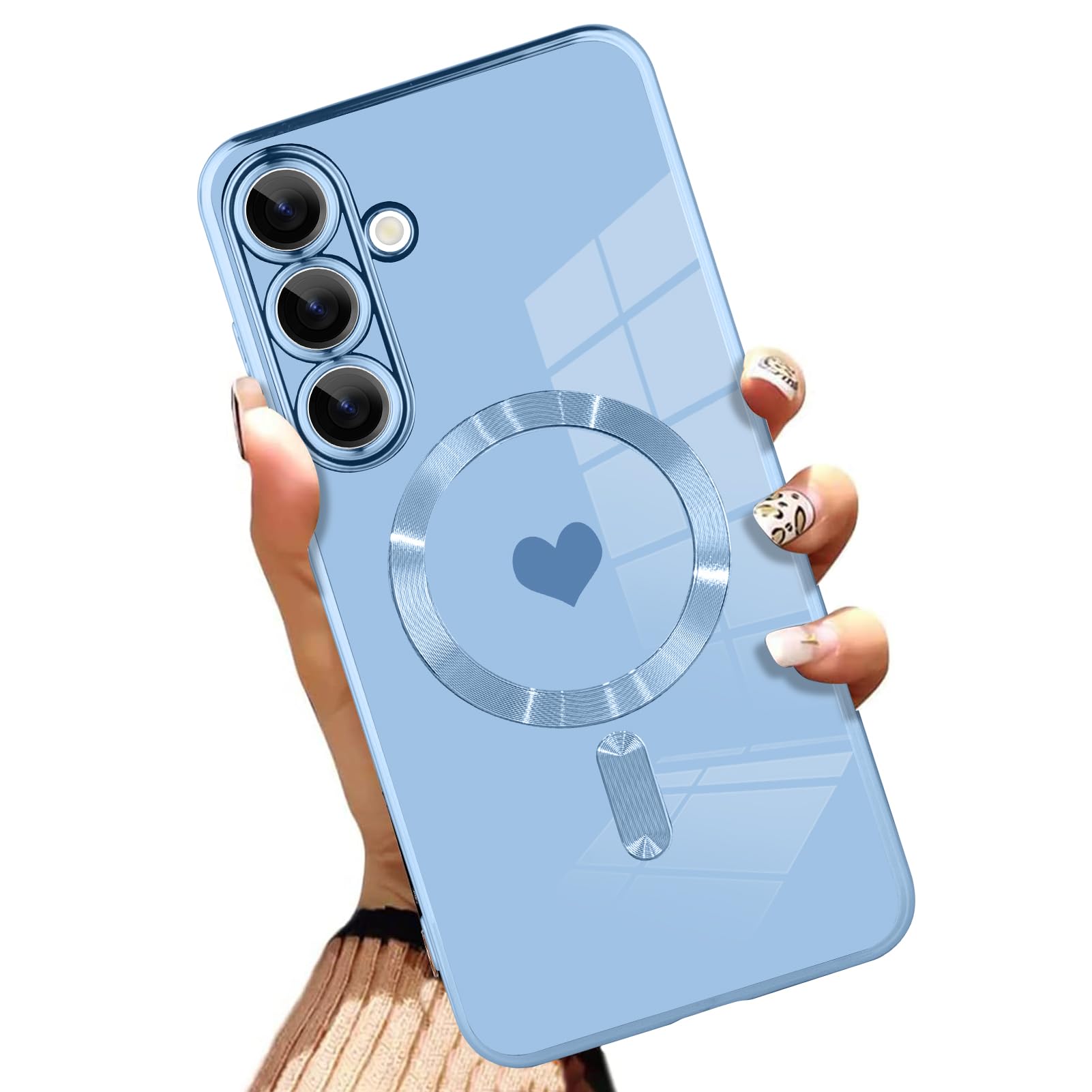 AIGOMARA Funda magnética para Samsung Galaxy S24 Ultra [compatible con carga inalámbrica] Diseño de corazón TPU suave cubierta de teléfono galvanizada antiarañazos a prueba de golpes para mujeres,