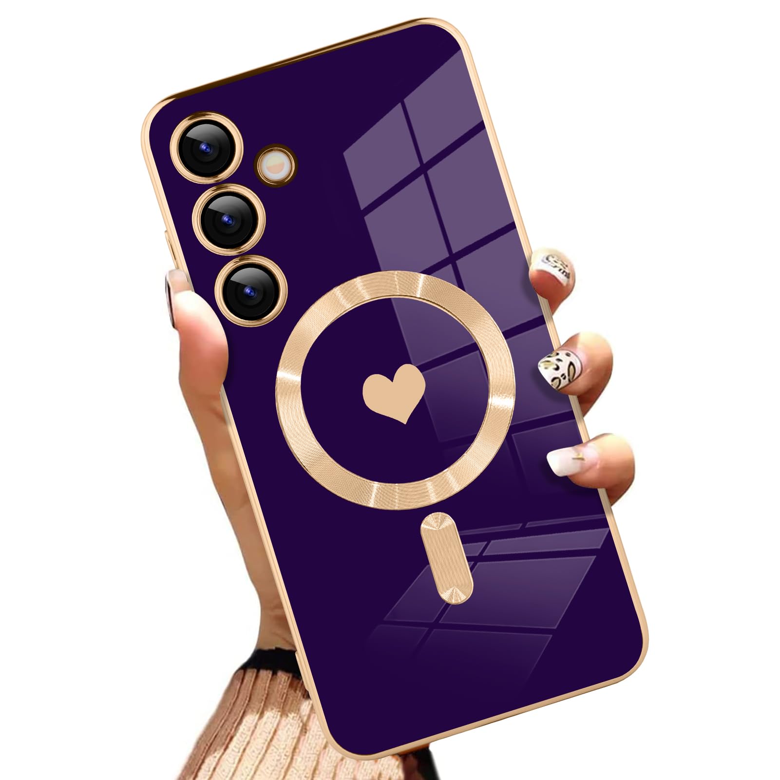 AIGOMARA Funda magnética para Samsung Galaxy S24 Ultra [compatible con carga inalámbrica] Diseño de corazón TPU suave cubierta de teléfono galvanizada antiarañazos a prueba de golpes para mujeres,