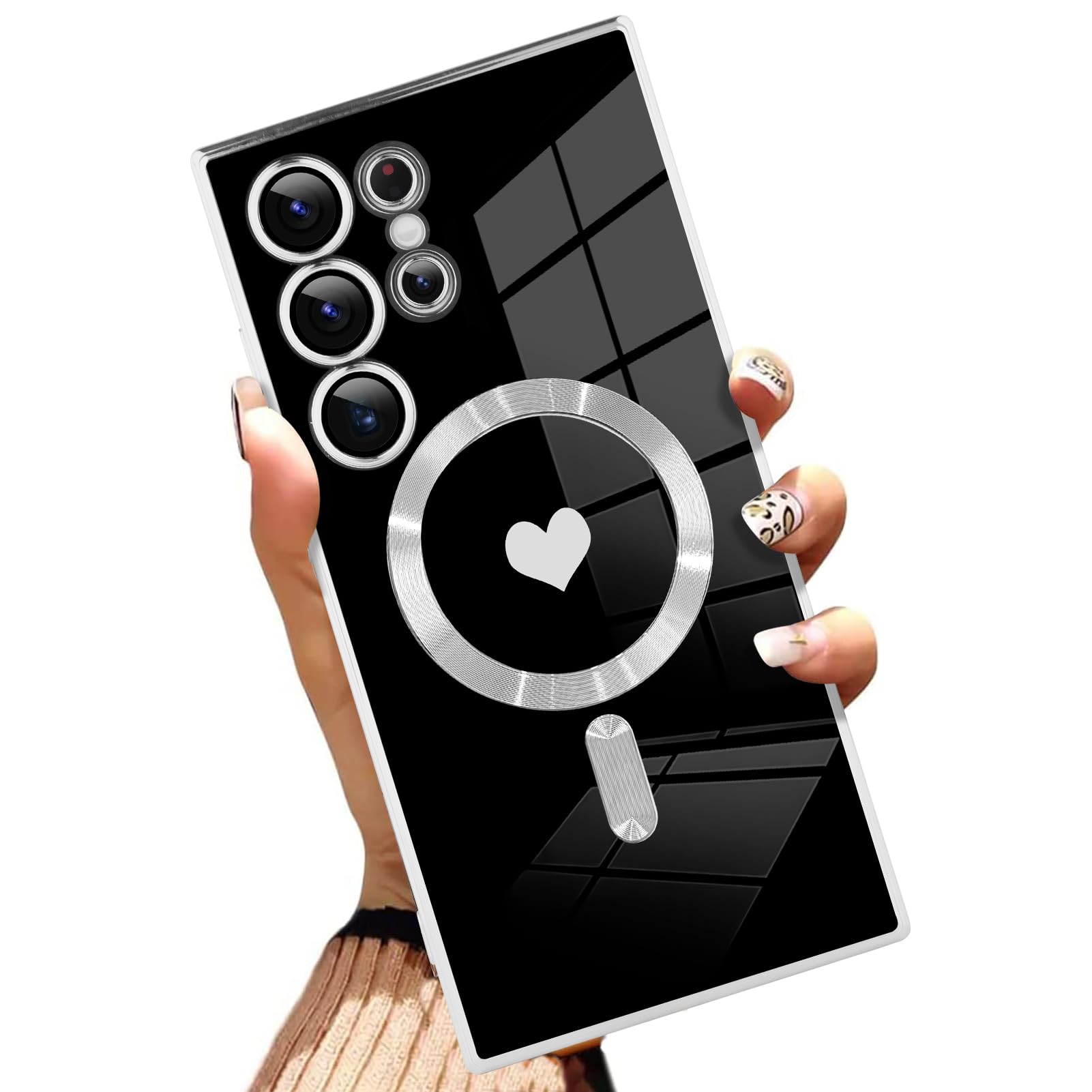 AIGOMARA Funda magnética para Samsung Galaxy S24 Ultra [compatible con carga inalámbrica] Diseño de corazón TPU suave cubierta de teléfono galvanizada antiarañazos a prueba de golpes para mujeres,