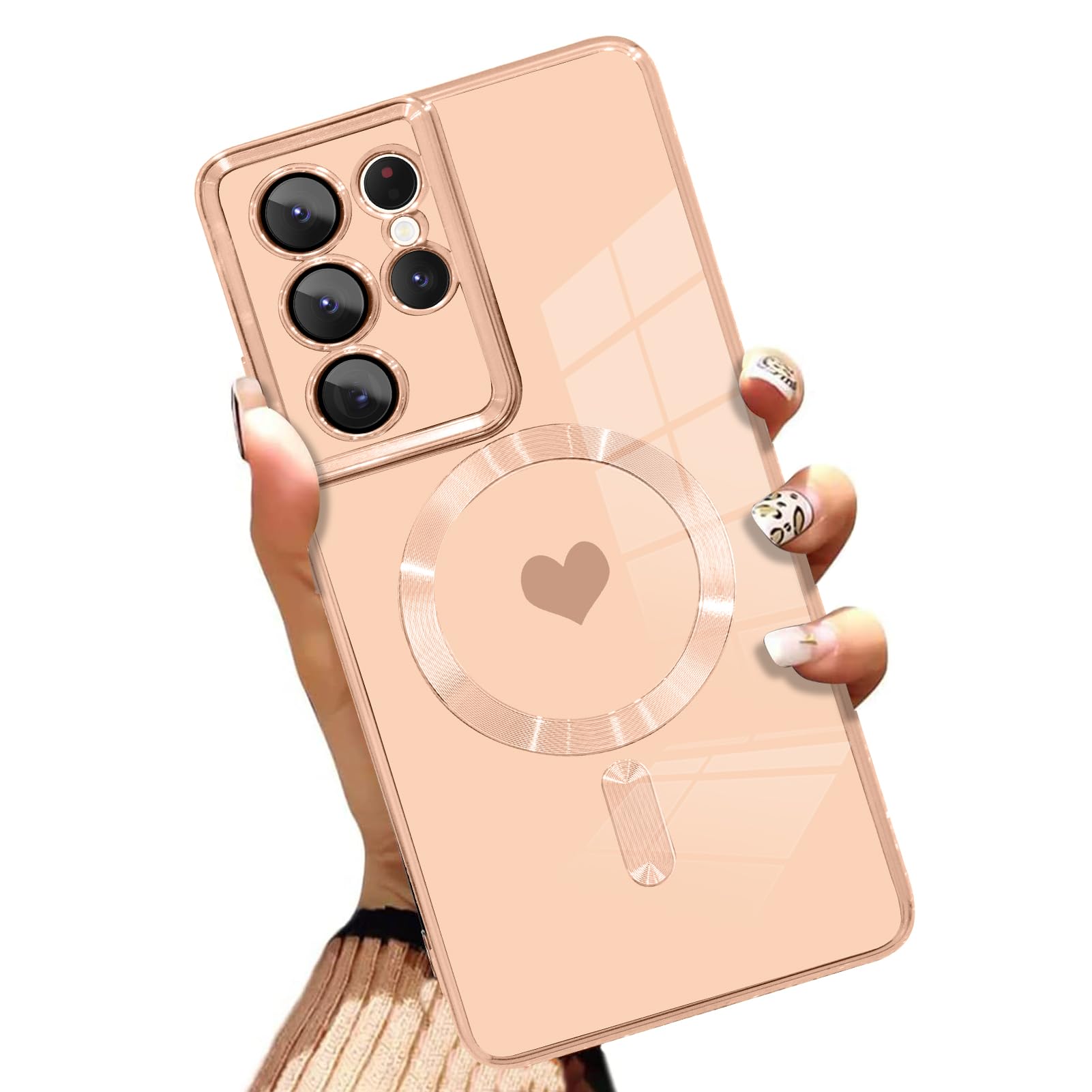 AIGOMARA Funda magnética para Samsung Galaxy S24 Ultra [compatible con carga inalámbrica] Diseño de corazón TPU suave cubierta de teléfono galvanizada antiarañazos a prueba de golpes para mujeres,