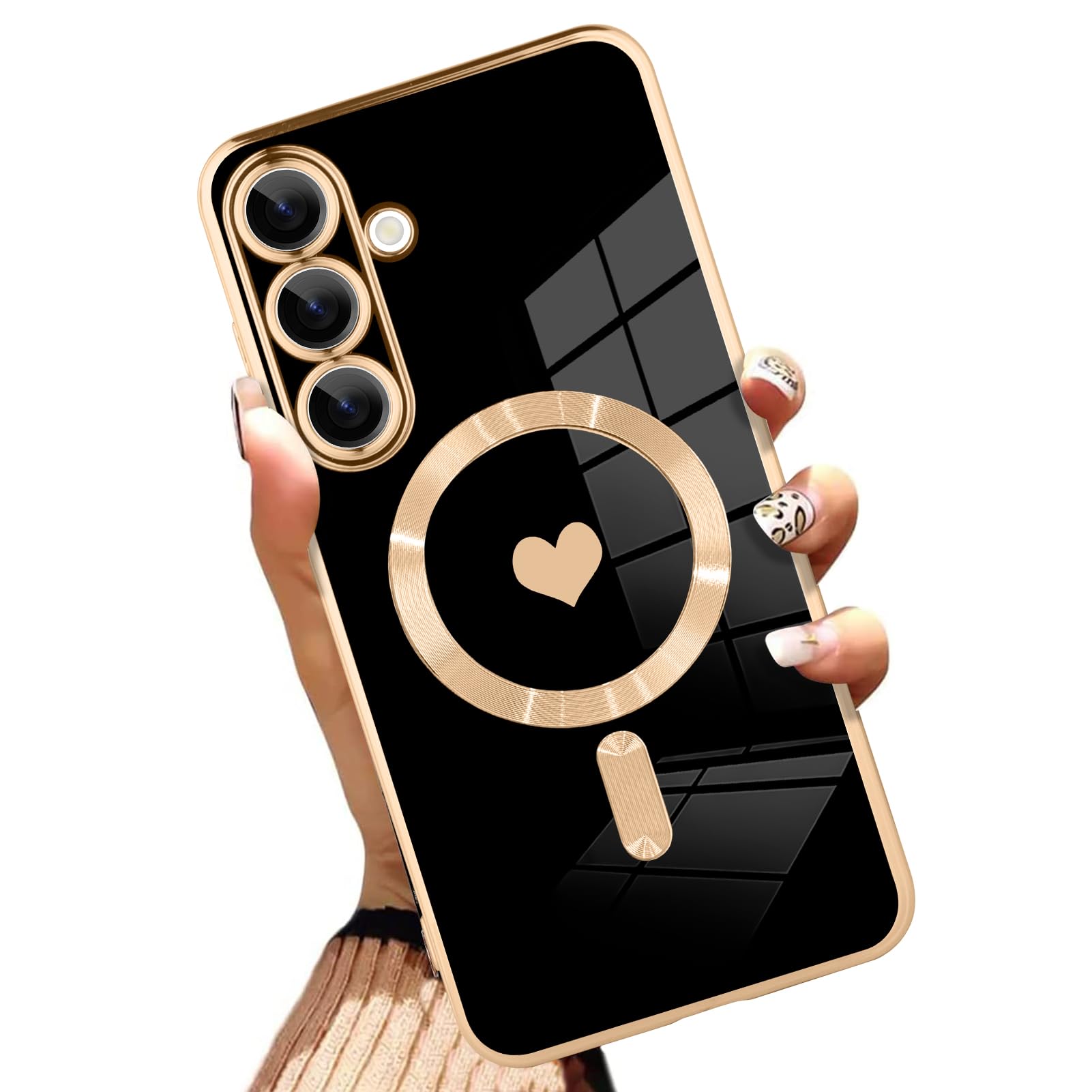 AIGOMARA Funda magnética para Samsung Galaxy S24 Ultra [compatible con carga inalámbrica] Diseño de corazón TPU suave cubierta de teléfono galvanizada antiarañazos a prueba de golpes para mujeres,