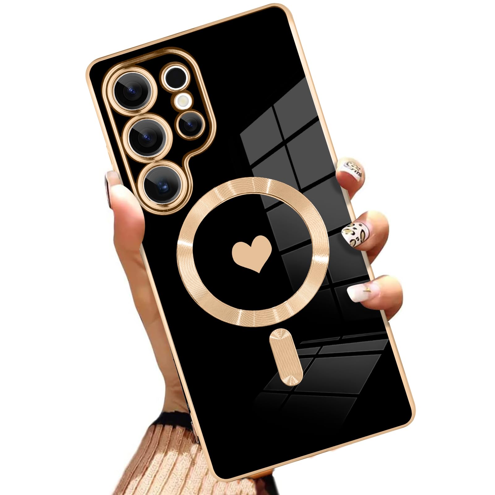 AIGOMARA Funda magnética para Samsung Galaxy S24 Ultra [compatible con carga inalámbrica] Diseño de corazón TPU suave cubierta de teléfono galvanizada antiarañazos a prueba de golpes para mujeres,