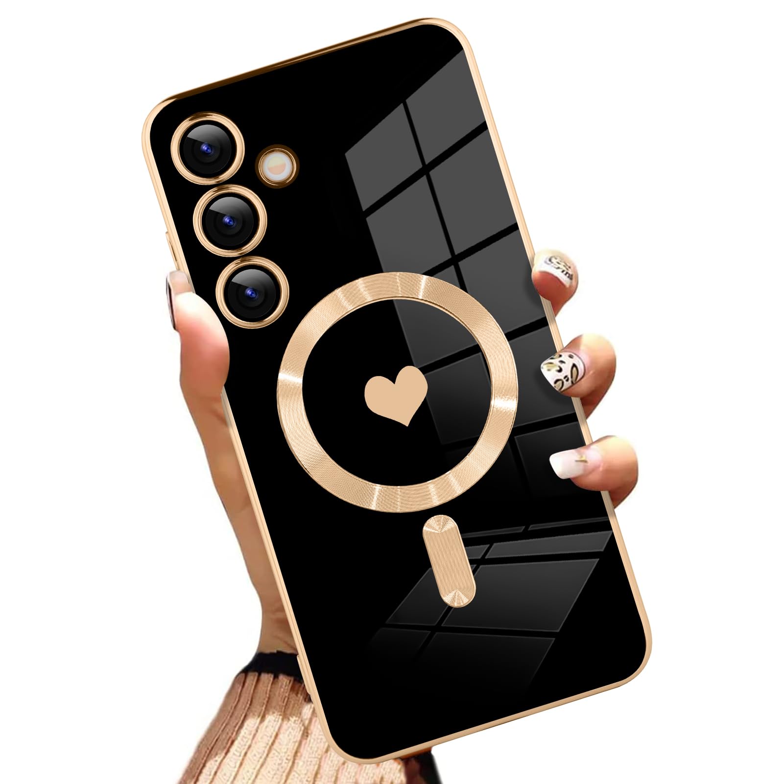 AIGOMARA Funda magnética para Samsung Galaxy S24 Ultra [compatible con carga inalámbrica] Diseño de corazón TPU suave cubierta de teléfono galvanizada antiarañazos a prueba de golpes para mujeres,