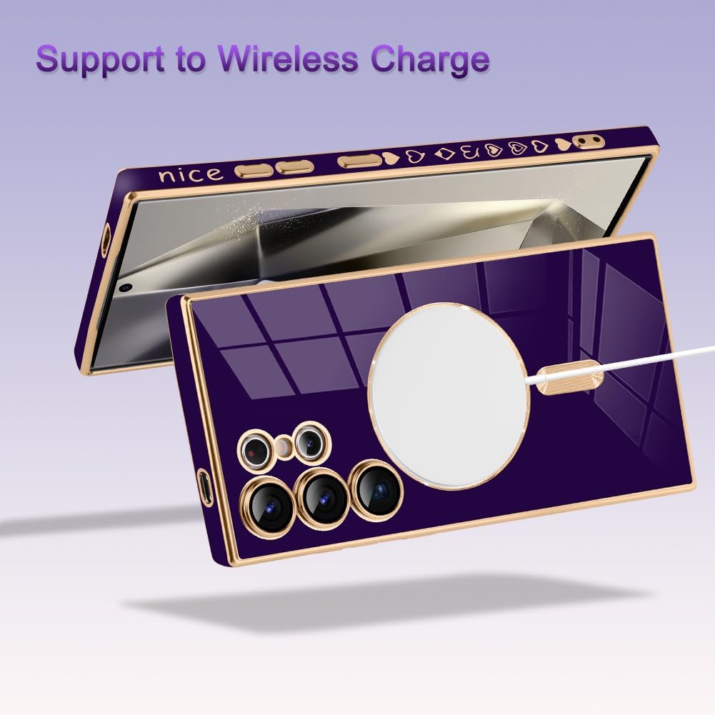 AIGOMARA Funda magnética para Samsung Galaxy S24 Ultra [compatible con carga inalámbrica] Diseño de corazón TPU suave cubierta de teléfono galvanizada antiarañazos a prueba de golpes para mujeres,