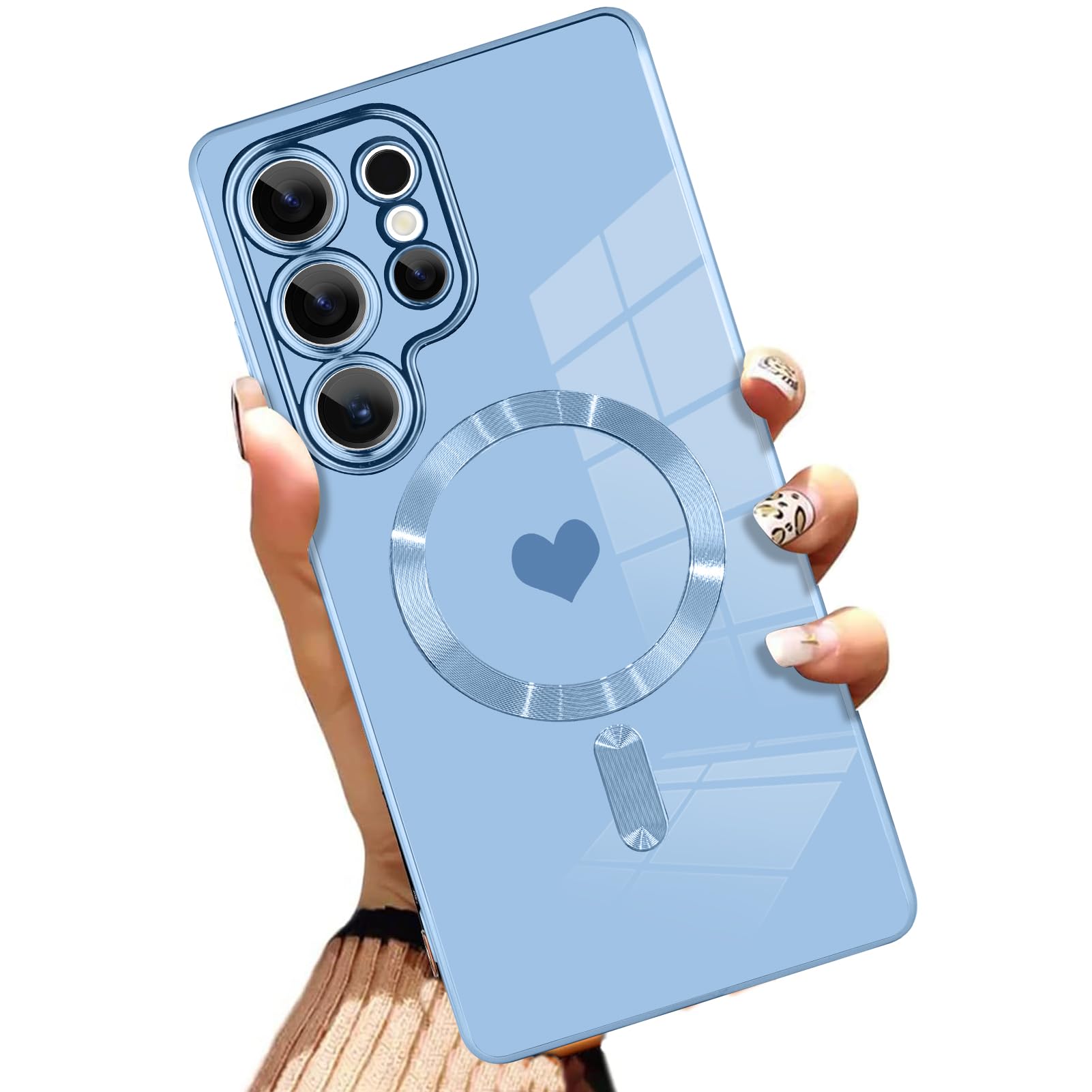 AIGOMARA Funda magnética para Samsung Galaxy S24 Ultra [compatible con carga inalámbrica] Diseño de corazón TPU suave cubierta de teléfono galvanizada antiarañazos a prueba de golpes para mujeres,