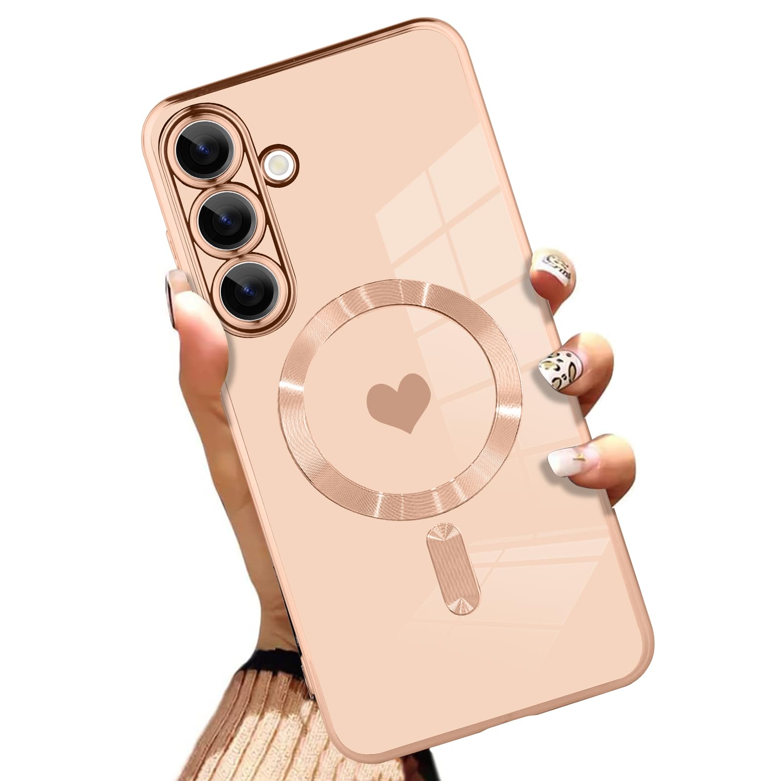AIGOMARA Funda magnética para Samsung Galaxy S24 Ultra [compatible con carga inalámbrica] Diseño de corazón TPU suave cubierta de teléfono galvanizada antiarañazos a prueba de golpes para mujeres,