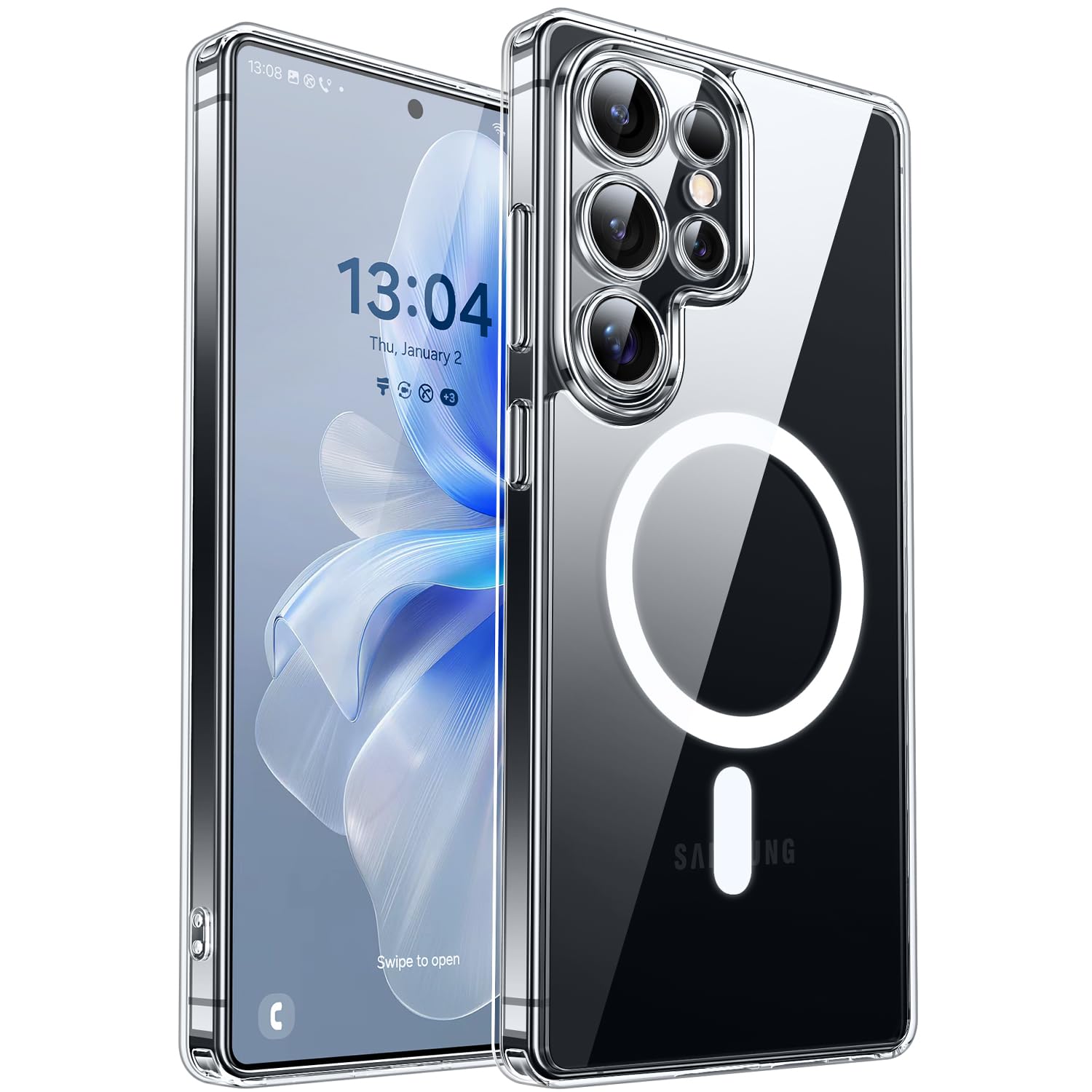 CANSHN Funda diseñada para Samsung Galaxy S24 Ultra (2024), protección completa de la cámara, compatible con MagSafe, funda protectora trasera translúcida mate, color negro