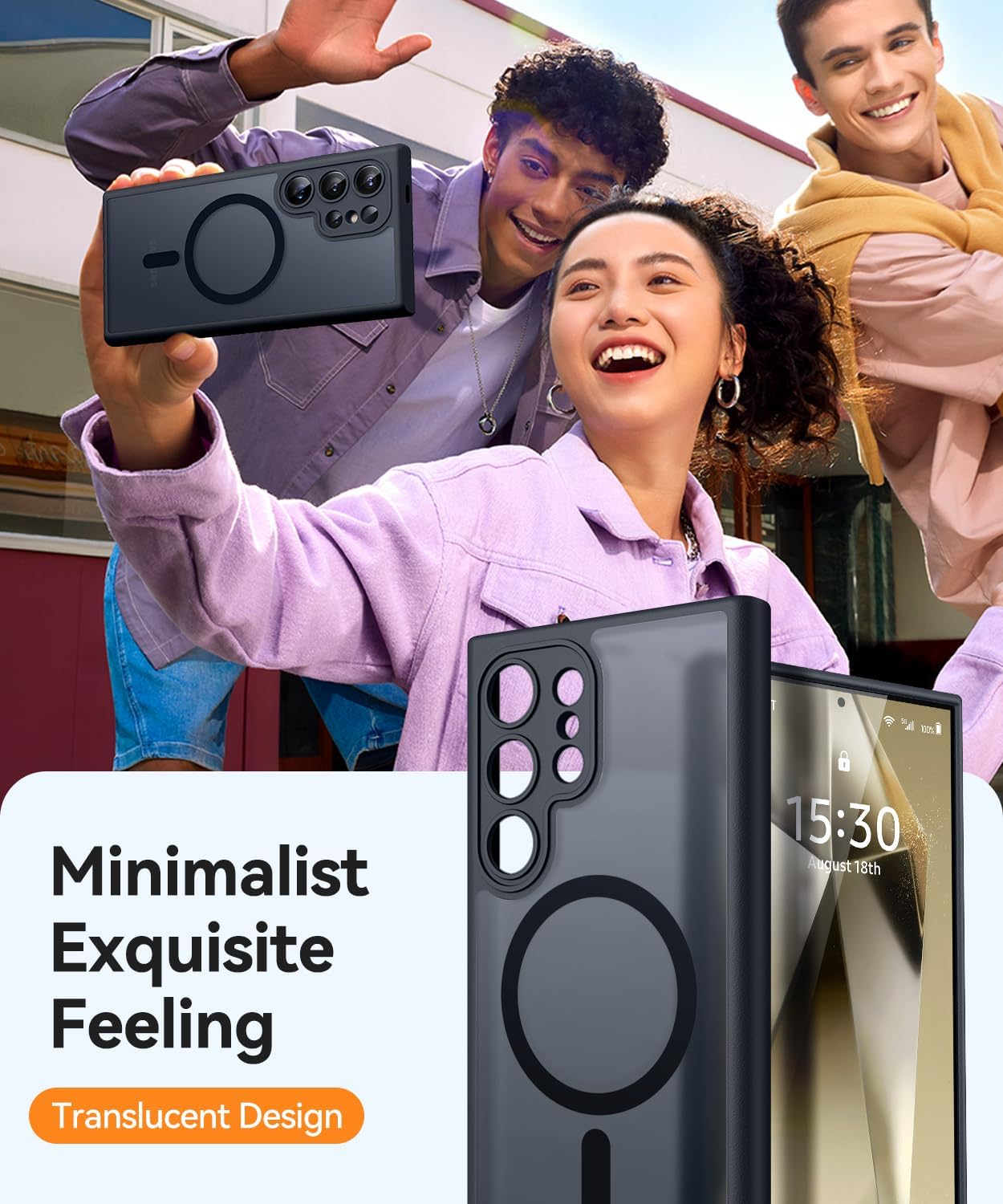 CANSHN Funda diseñada para Samsung Galaxy S24 Ultra (2024), protección completa de la cámara, compatible con MagSafe, funda protectora trasera translúcida mate, color negro