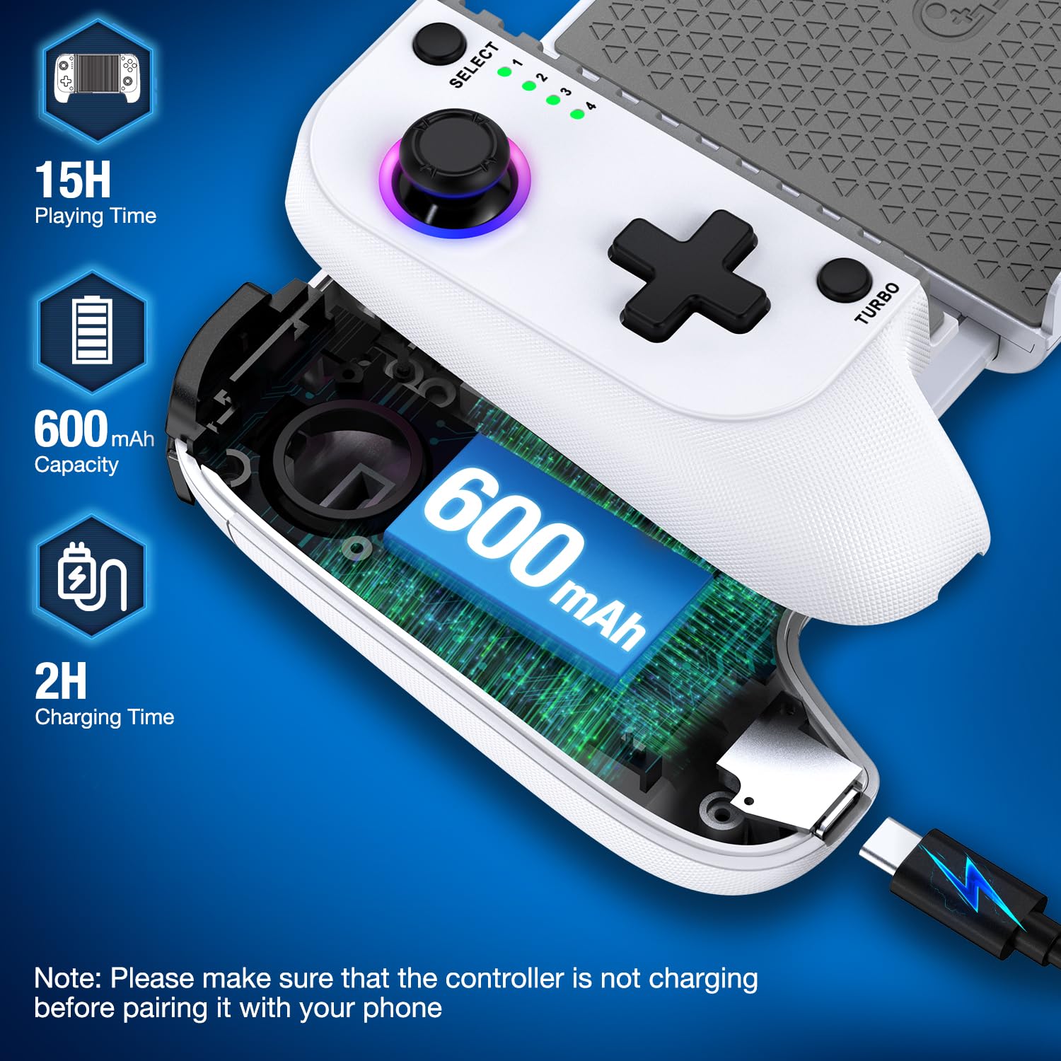 Mocagen Phone Controller for iPhone/Android Support Phone Case, Mobile Controller with Led Light, Upgraded Joysticks, Turbo, Thumb Grips Handheld Gaming Gamepad