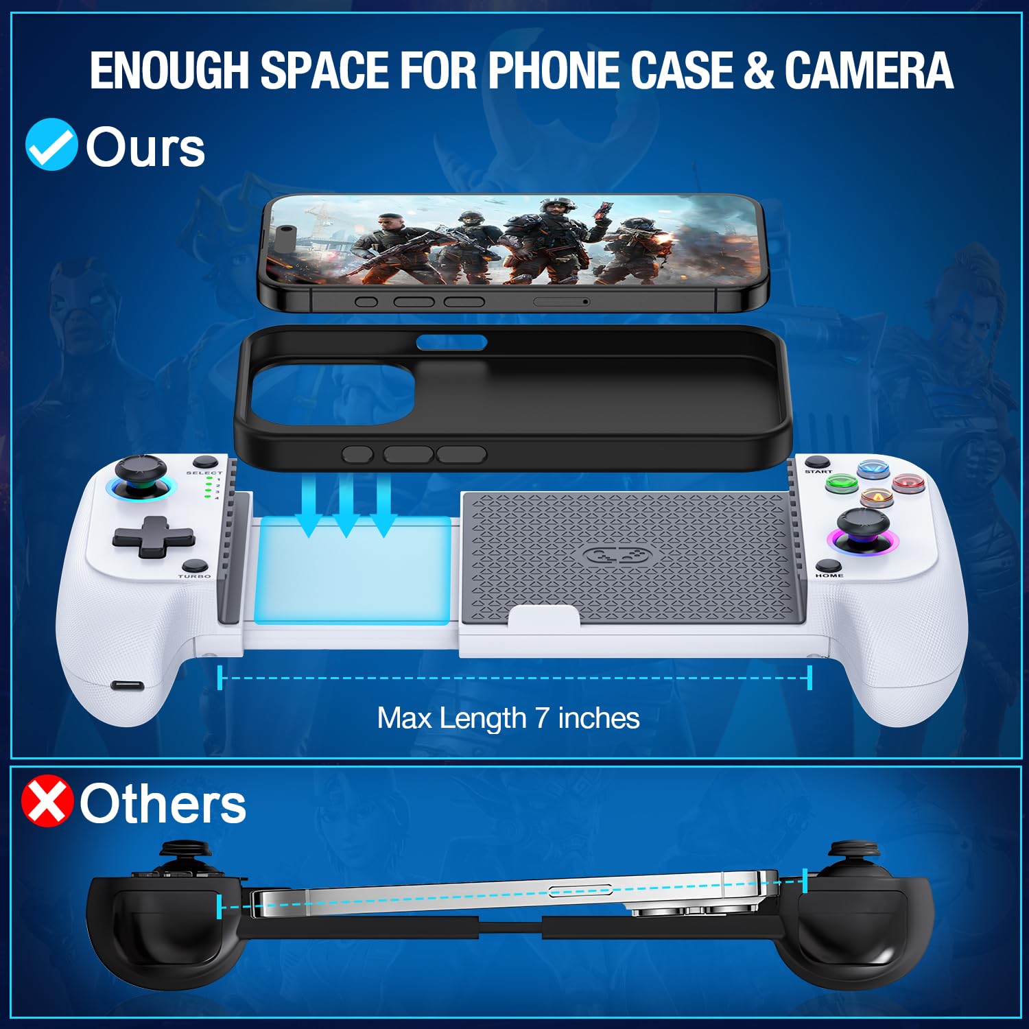 Mocagen Phone Controller for iPhone/Android Support Phone Case, Mobile Controller with Led Light, Upgraded Joysticks, Turbo, Thumb Grips Handheld Gaming Gamepad