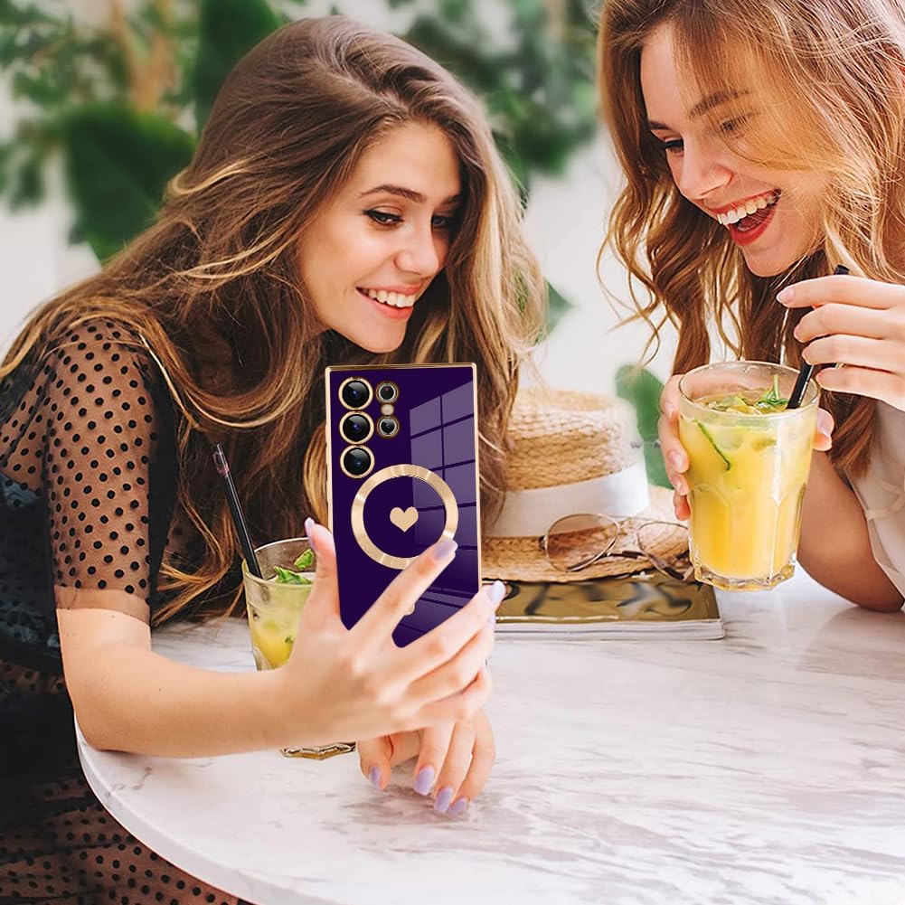 AIGOMARA Funda magnética para Samsung Galaxy S24 Ultra [compatible con carga inalámbrica] Diseño de corazón TPU suave cubierta de teléfono galvanizada antiarañazos a prueba de golpes para mujeres,