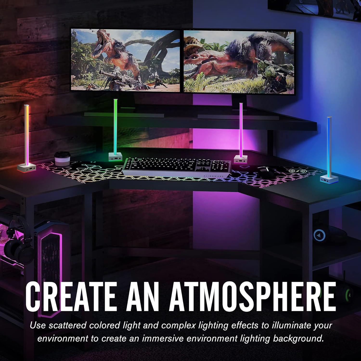 EZDIY-FAB Barra de luz LED USB, soporte para auriculares, retroiluminación RGB de ambiente de escritorio, 50 modos de color integrados, soporte para auriculares para videojuegos, accesorios de