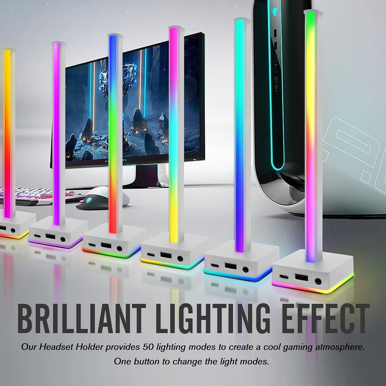 EZDIY-FAB Barra de luz LED USB, soporte para auriculares, retroiluminación RGB de ambiente de escritorio, 50 modos de color integrados, soporte para auriculares para videojuegos, accesorios de