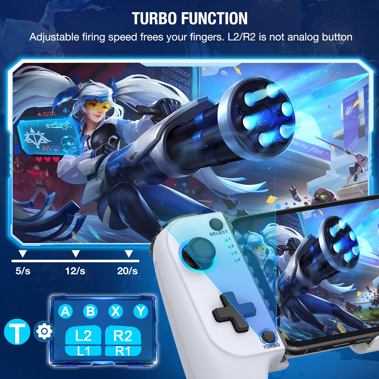 Mocagen Phone Controller for iPhone/Android Support Phone Case, Mobile Controller with Led Light, Upgraded Joysticks, Turbo, Thumb Grips Handheld Gaming Gamepad