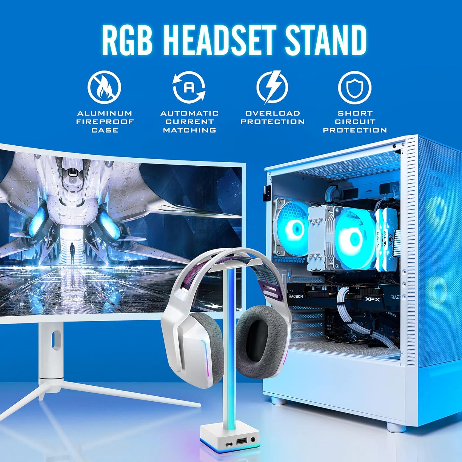 EZDIY-FAB Barra de luz LED USB, soporte para auriculares, retroiluminación RGB de ambiente de escritorio, 50 modos de color integrados, soporte para auriculares para videojuegos, accesorios de