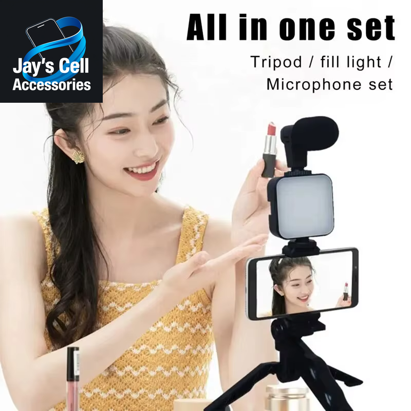 Smartphone Vlogging Kit with Tripod Phone Holder Mini Microphone LED Fill Light Starter for Tiktok Live Stream Video Youtube